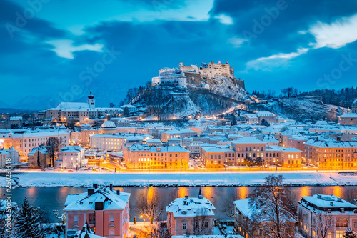 Classic view of Salzburg at Christmas time in winter, Austria