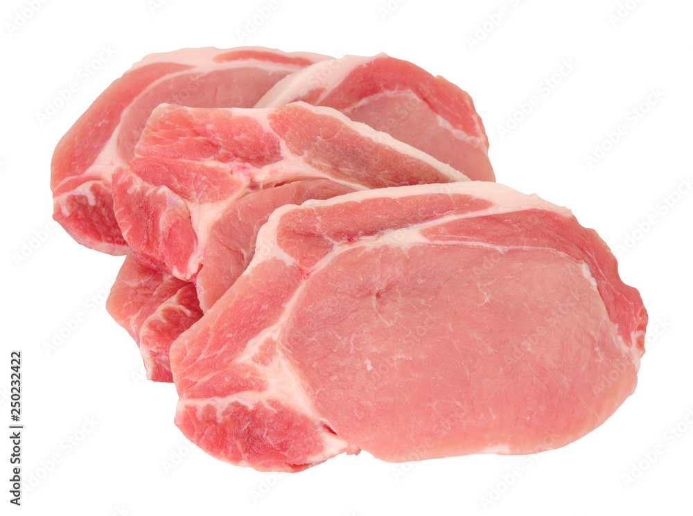 Group of fresh raw pork meat steaks isolated on a white background