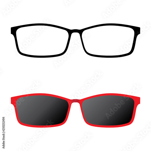 Glasses icon and red sunglasses isolated on white background.