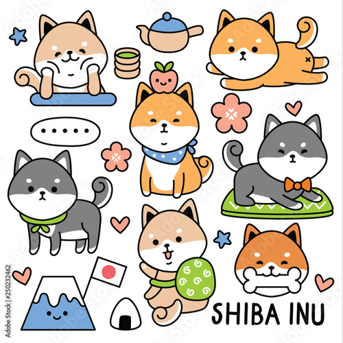 set cute shiba dog