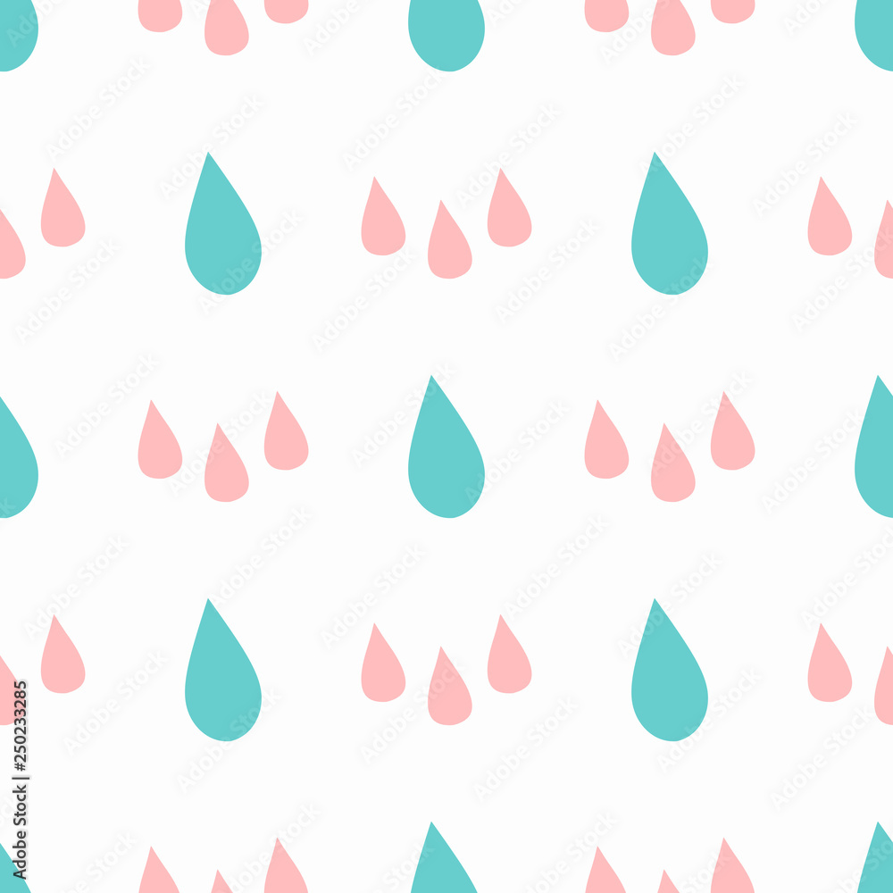 Girlish seamless pattern with repeating raindrops. Girly print. White, blue, pink. Girlish seamless pattern with repeating raindrops. Girly print. White, blue, pink.