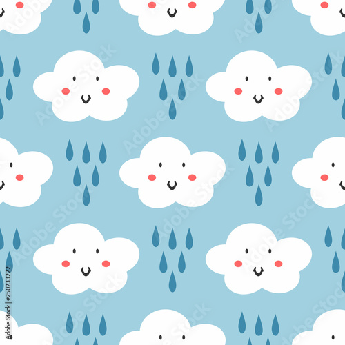 Repeated raindrops and clouds with smiling faces. Cute seamless pattern for kids. Funny children s print.