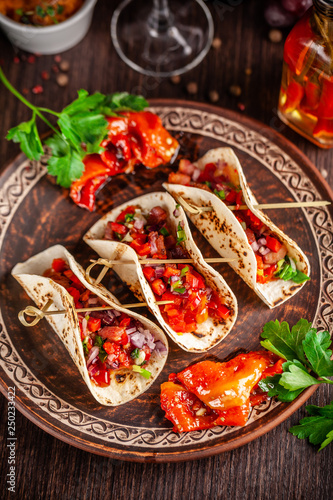 Concept of Mexican cuisine. Mexican appetizer Tacos with vegetables, beans, paprika, chilli peppers on fried unleavened bread cakes. Taco for veterinarians. Background image.