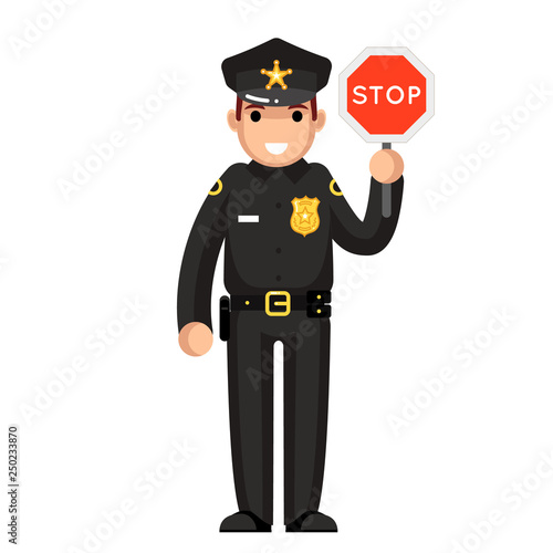 Police officer stop sign policeman law justice cop crime protection cartoon flat design character isolated vector illustrator