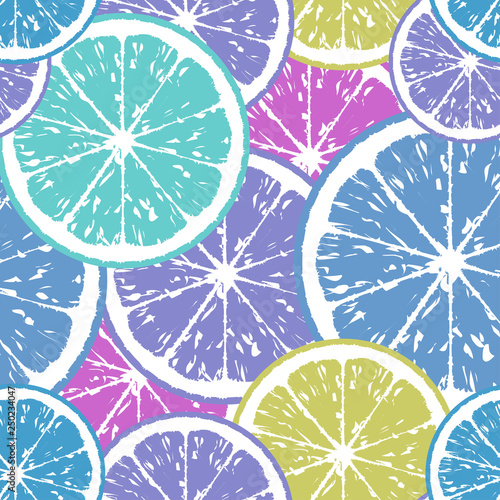 Seamless pattern of lemon slices in cold colors.