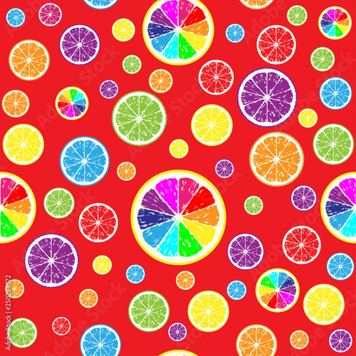 Very bright seamless background of different color lemon slices