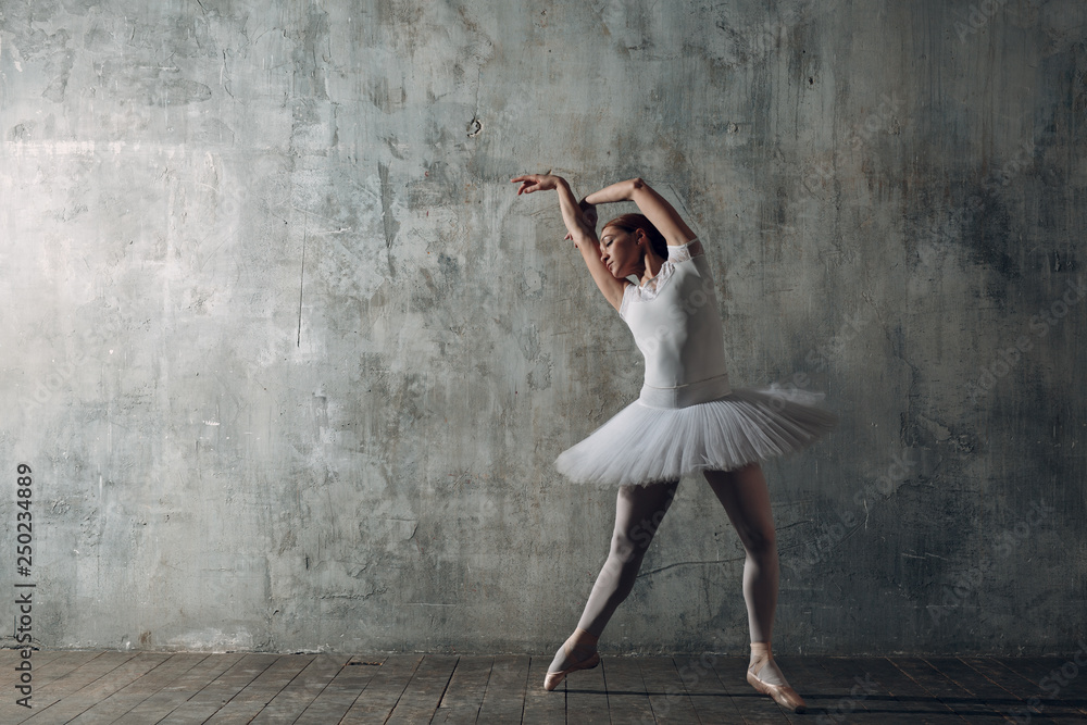 Fototapeta premium Ballerina female. Young beautiful woman ballet dancer, dressed in professional outfit, pointe shoes and white tutu.