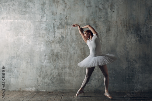 Fototapeta Naklejka Na Ścianę i Meble -  Ballerina female. Young beautiful woman ballet dancer, dressed in professional outfit, pointe shoes and white tutu.