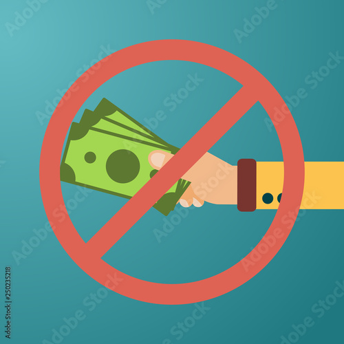 Hand hold cash money under forbidden Sign, financial bills. Concept of financial operations with cash, investments, money turnover, funding, bribe, donation, payday. Vector flat illustration