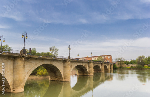 Historic Peidra bridge crossing the Ebro river in Logrono, Spain