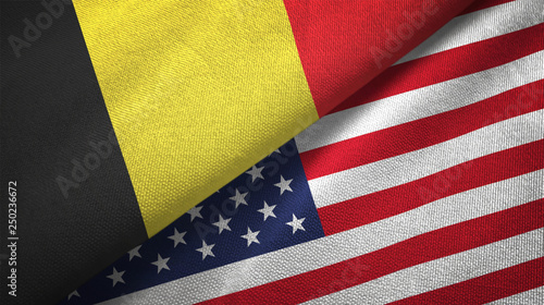 Belgium and United States two flags textile cloth, fabric texture