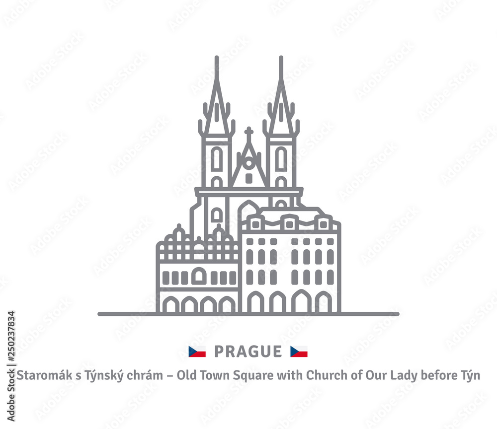 Houses at Old Town Square and Church of Our Lady Before Tyn at  Prague and Czech flag vector illustration. Czechia landmark line icon.