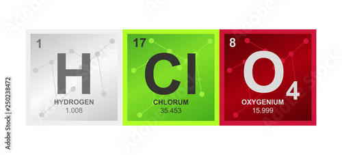 Vector symbol of mineral perchloric acid HClO4 consisting from hydrogen, chlorine and oxygen atoms and molecules on the background from connected molecules. Icon is isolated on a white background.