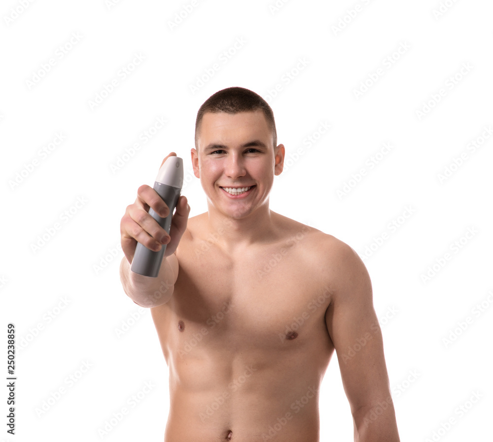 Handsome young man with deodorant on white background Handsome young man with deodorant on white background