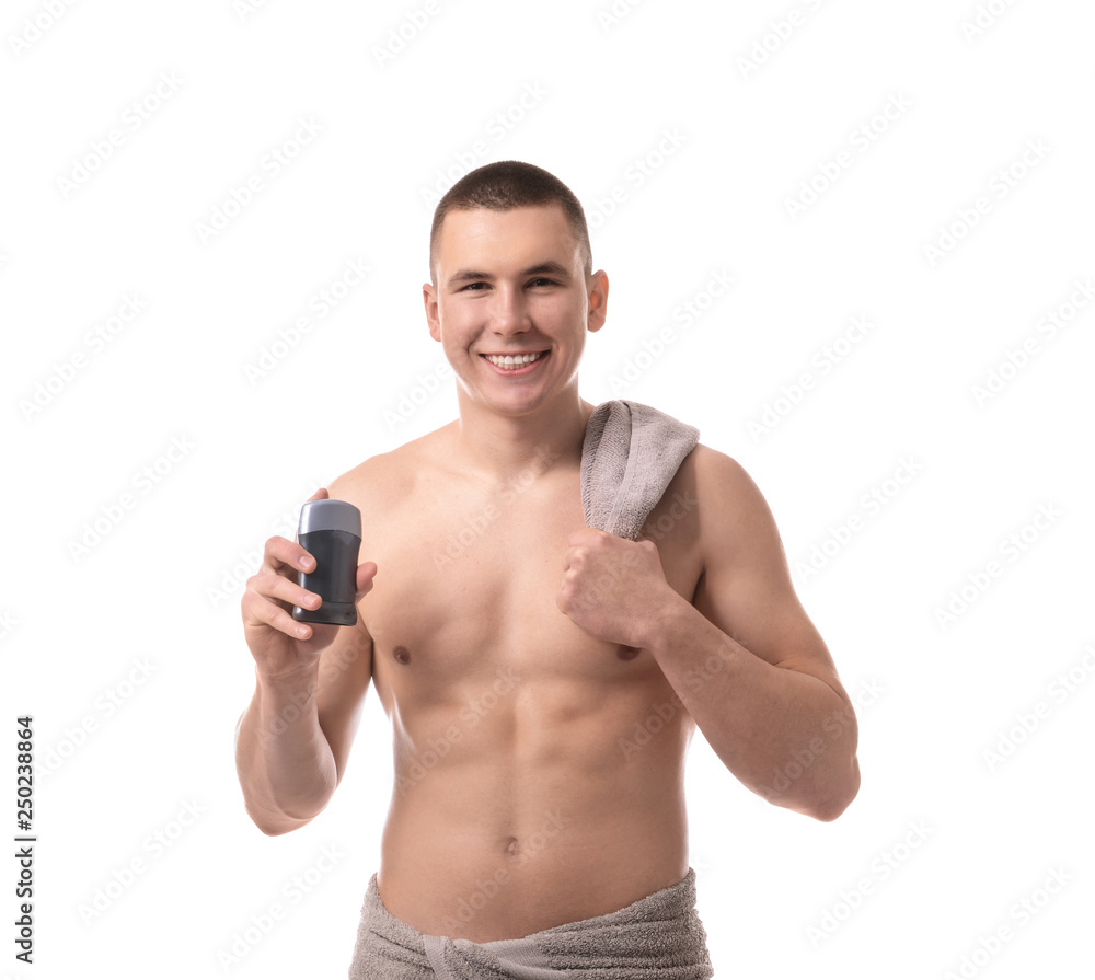Handsome young man with deodorant on white background Handsome young man with deodorant on white background