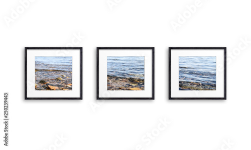 Frames collage with seaside pictures, three black realistic wooden frameworks on white wall