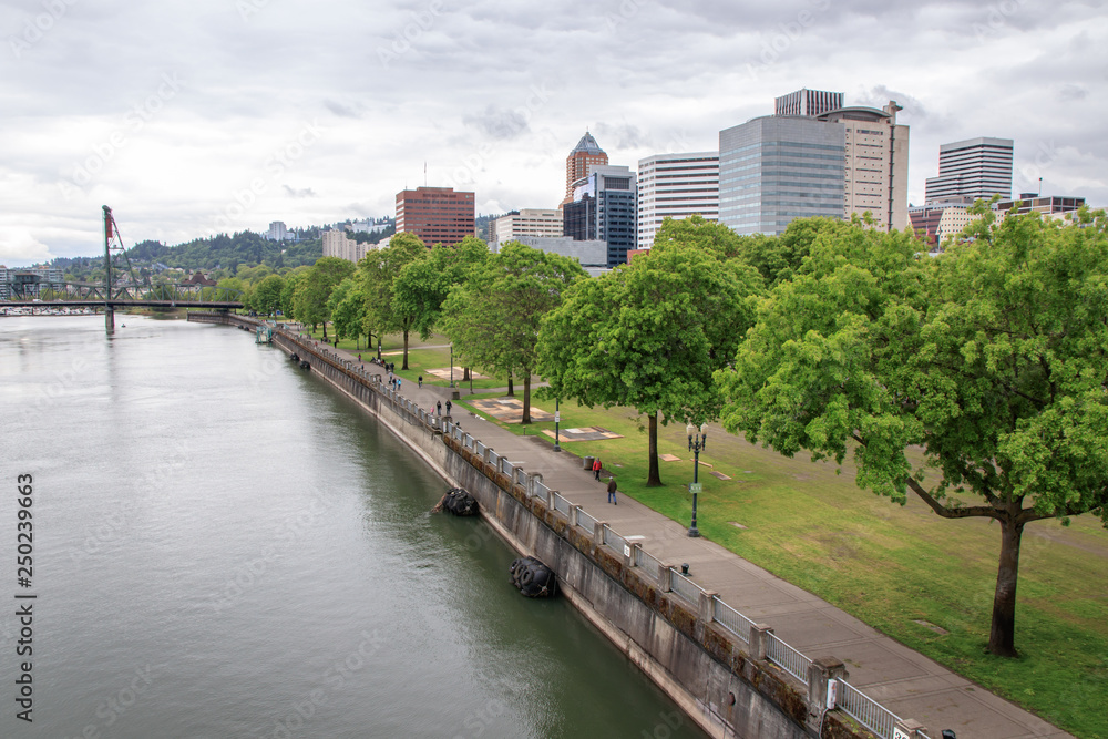 Buildings and Park along Willamette river in Portland, Oregon