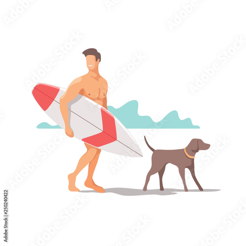 A man with surfboard and dog on the beach. Traveling, holiday, vacation concept. Vector illustration.