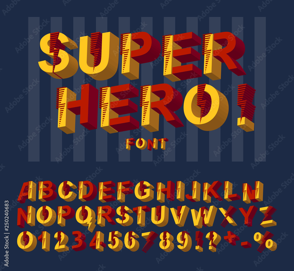 Super hero font. 3D alphabet letters and numbers in a comics style.