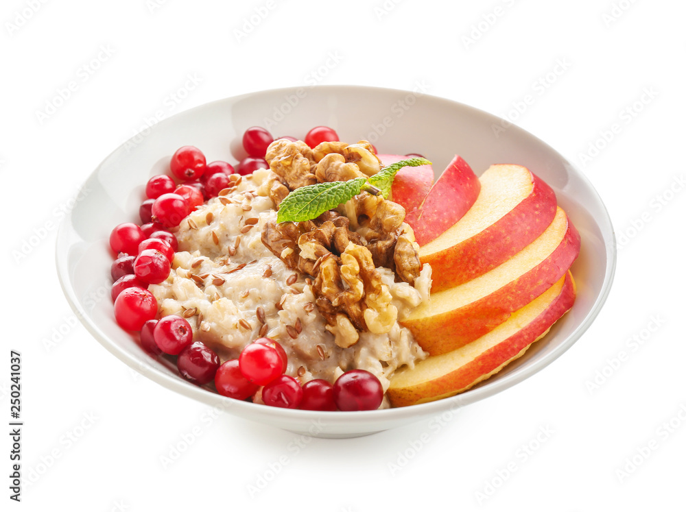 Bowl with tasty oatmeal on white background Bowl with tasty oatmeal on white background