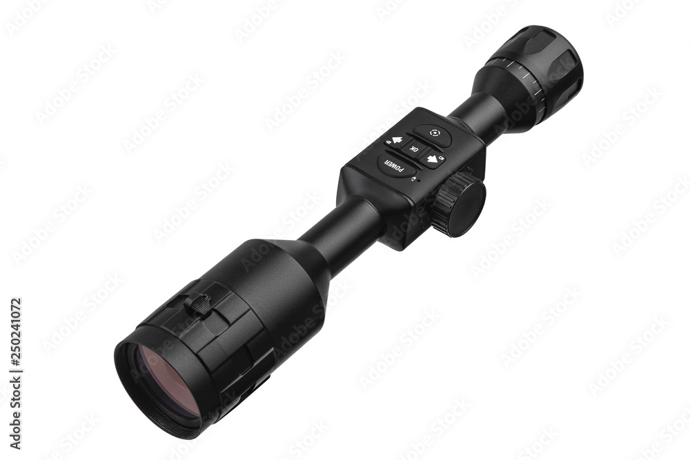 modern black optical scope for weapon isolated on whited. sight scope isolated on white back. modern black optical scope for weapon isolated on whited. sight scope isolated on white back.