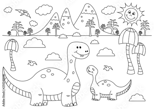 Prehistoric landscape with funny cartoon dinosaurs - Brontosaurus. Black and white vector illustration for coloring book