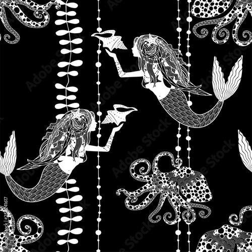 seamless pattern with mermaids holding conch shell, octopuses and sea weed on black background