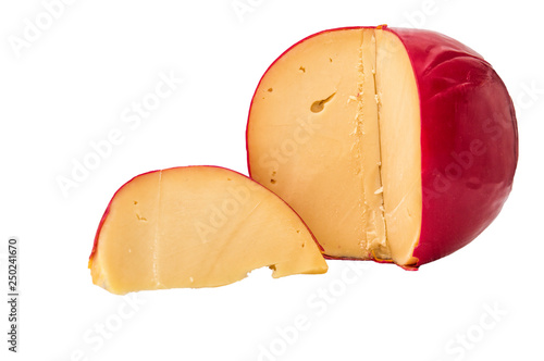 Close up. Sliced Head of Cheese Edam. Isolated on white wooden background.