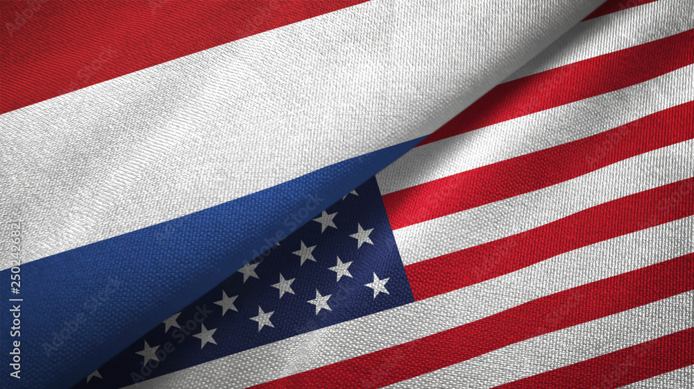Fototapeta premium Netherlands and United States two flags textile cloth, fabric texture