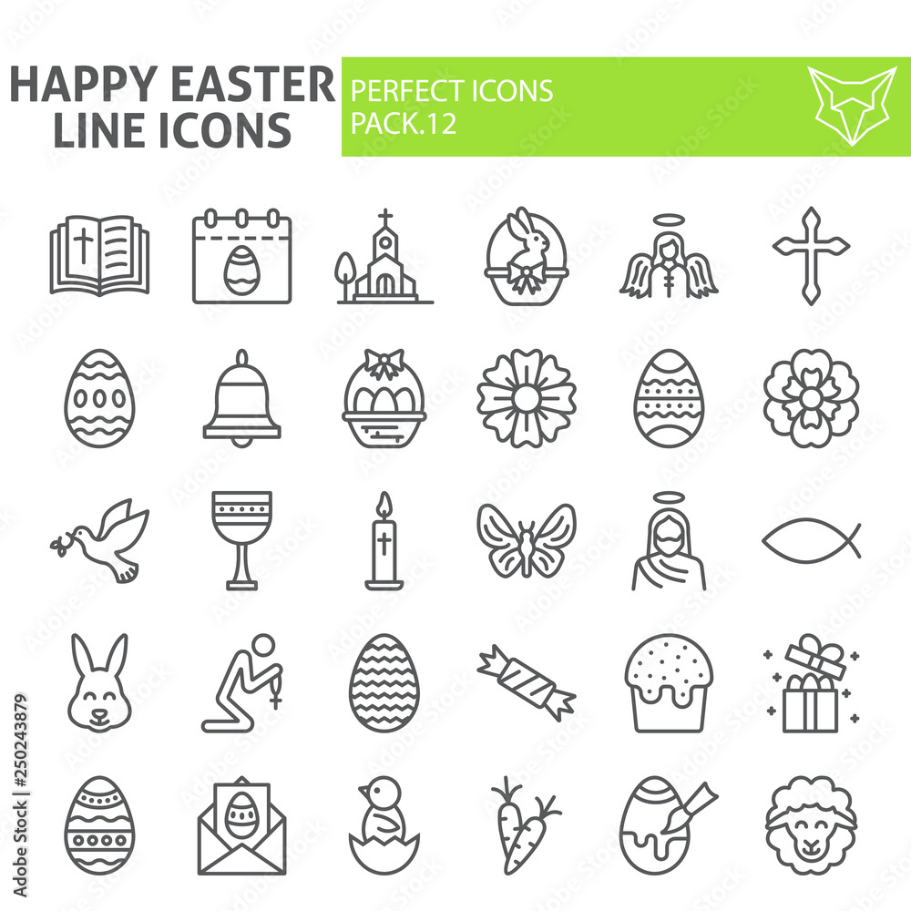 Happy easter line icon set, spring holiday symbols collection, vector sketches, logo illustrations, christian celebration signs linear pictograms package isolated on white background.