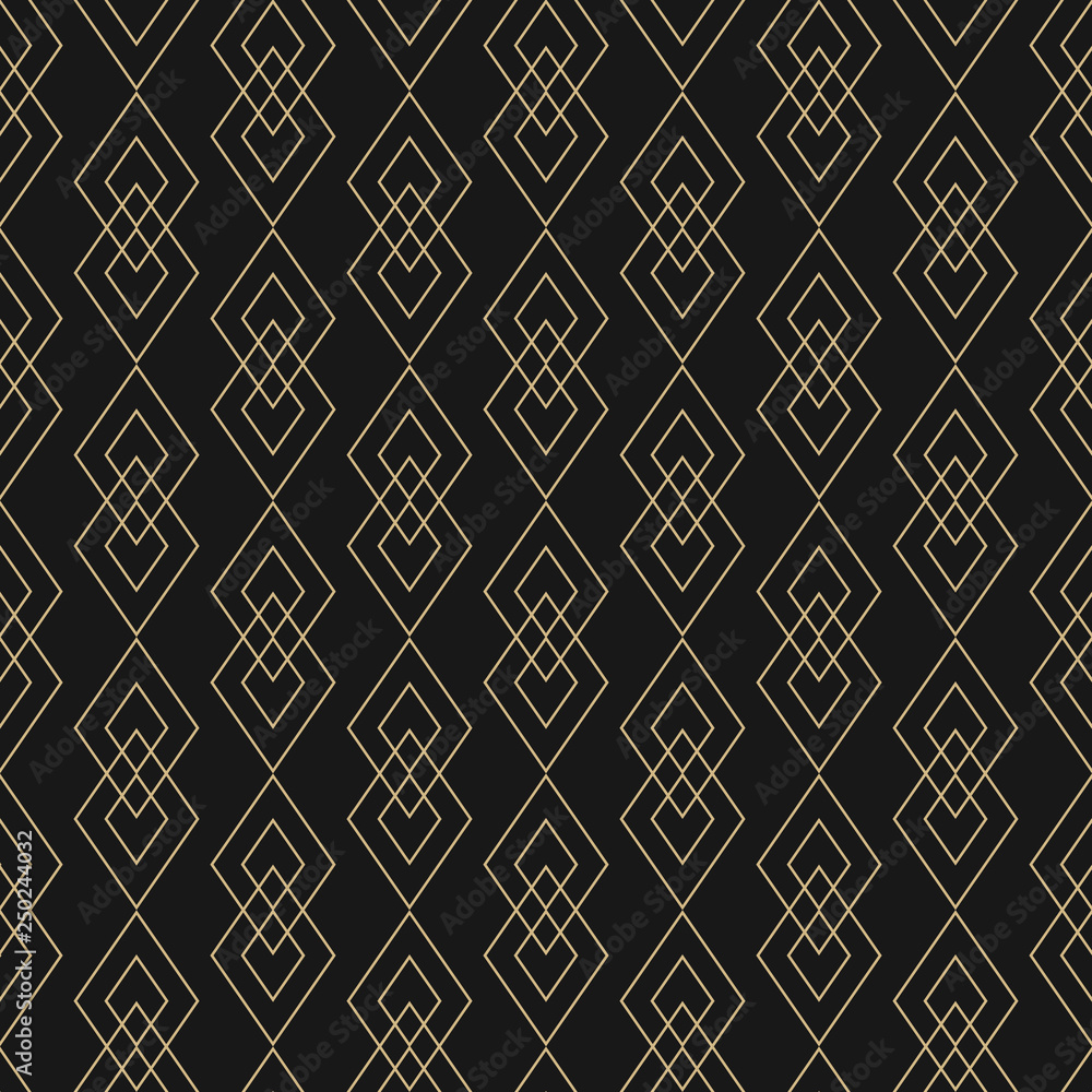Vector golden lines texture. Luxury geometric seamless pattern with diamonds, rhombuses, thin crossing lines. Abstract black and gold graphic ornament. Art deco style. Trendy linear repeat background