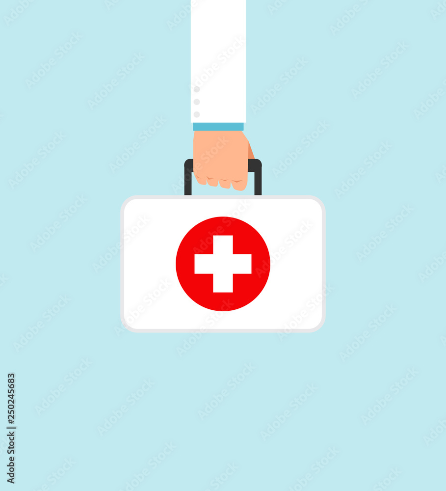 Hand holding first aid box. Clipart image isolated on background Hand holding first aid box. Clipart image isolated on background