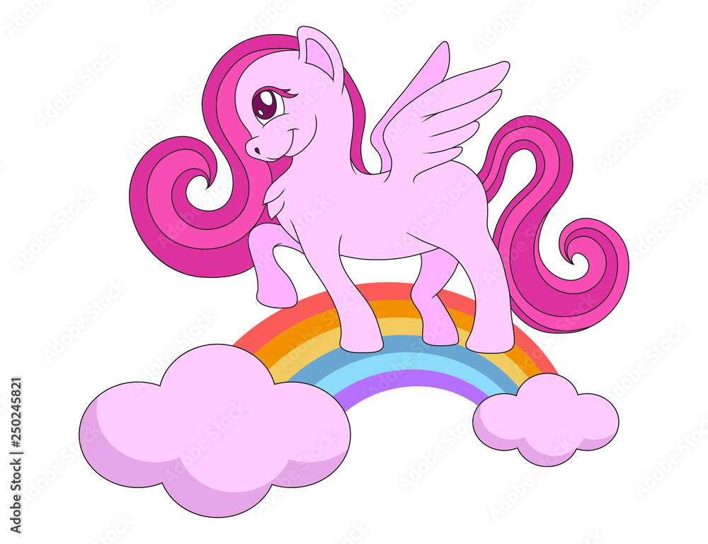 cute cartoon pegasus on a rainbow in the sky. vector graphic to design
