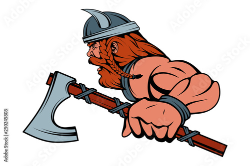 colored viking warrior with a traditional battle ax in his hand, suitable as logo or team mascot. vector graphic to design