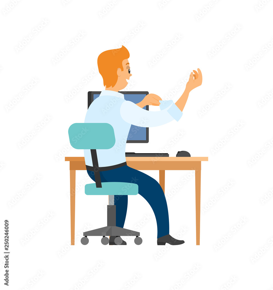 Back view of worker sitting at computer and fixing sleeve on shirt. Male office manager at table on workplace, person on chair isolated vector character