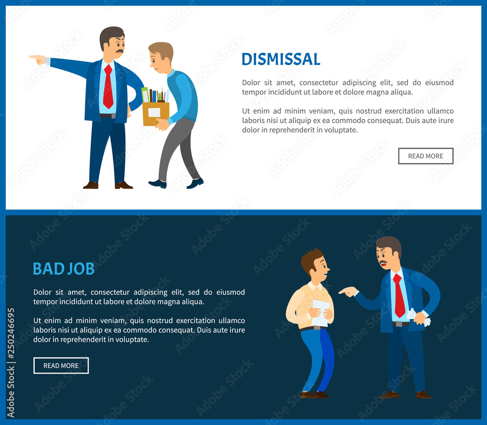 Dismissal of worker for bad job vector posters. Boss in suit dismissing employee with box full of personal things. Executive manager and bad executor