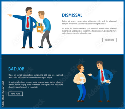 Dismissal of worker for bad job vector posters. Boss in suit dismissing employee with box full of personal things. Executive manager and bad executor