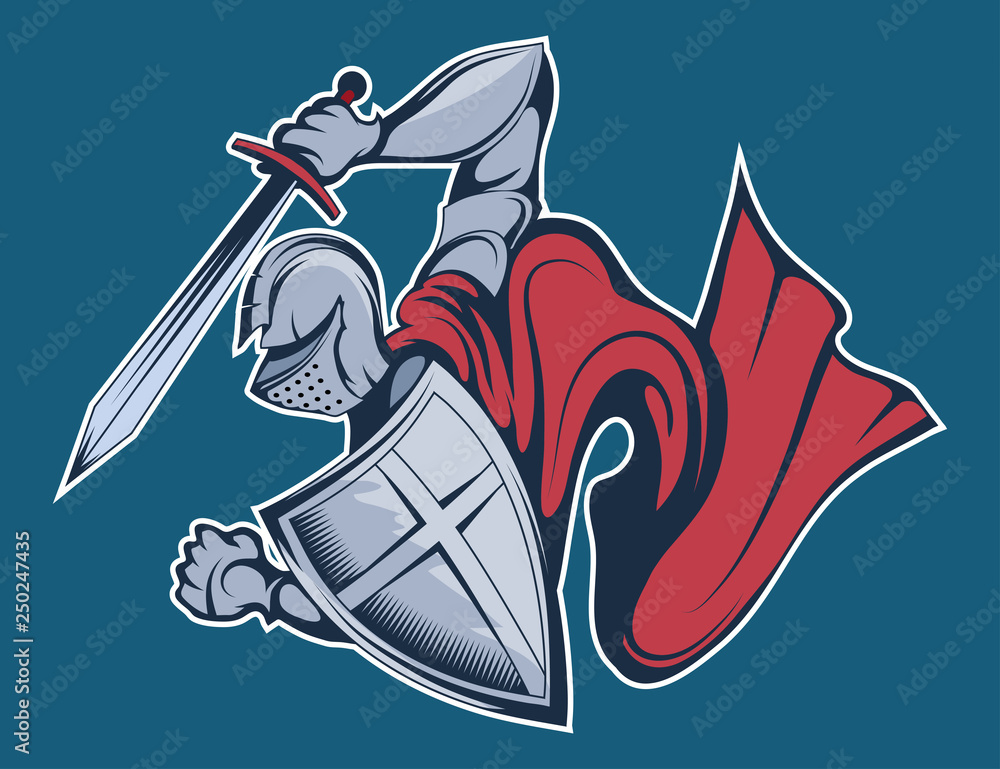 colored knight warrior in armor and with a sword and shield in his hand ...