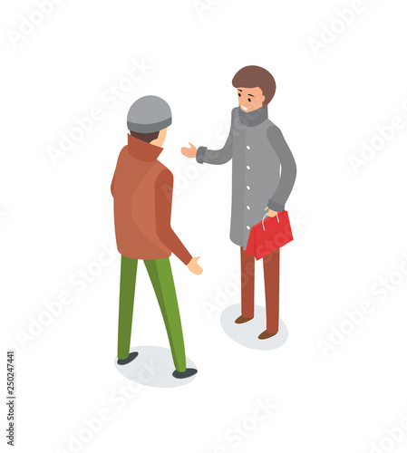 Male friends talking outside, wearing warm clothes vector. Person in long coat with stylish sack in hands, people outdoors in winter season discussion