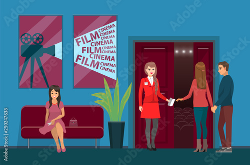 Movies theater interior, cinema hall worker and viewers vector. Woman with ticket on couch check-taker, video camera picture on wall, plant and entrance