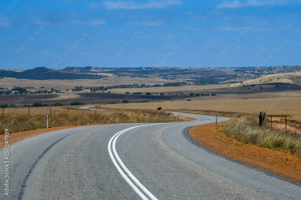 Australian bush road curving through dry landscape with yellow farmland