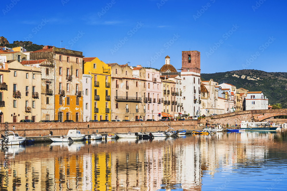 Beautiful view of Bosa town, Sardinia island, Italy. Popular italian travel touristic destination