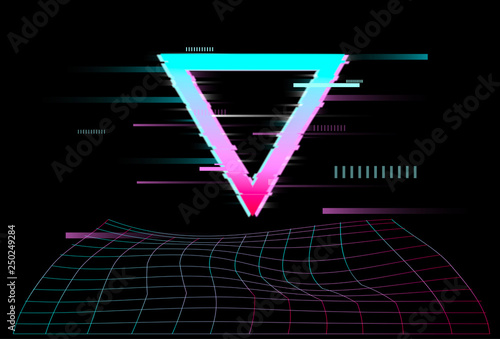 Geometric  detail in synthwave style with Neon laser grid. Futuristic . Glitch effect. Vhs. retro. Vaporwave.  Vector illustration design 