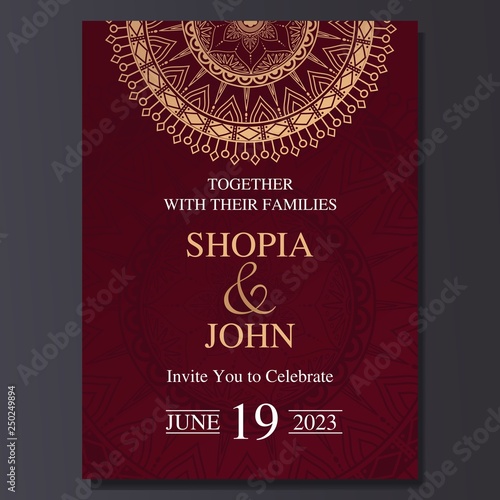 Luxury and elegant wedding invitation card with mandala ornament. Dark and golden color background.
