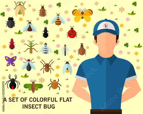 A set of colorful flat insect bug concept background. Flat icons.