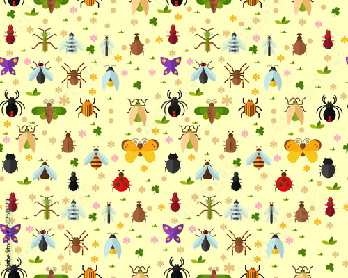 Vector flat seamless texture pattern a set of colorful flat insect bug.