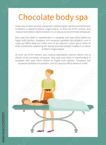 Chocolate body spa poster with text sample. Girl covered by lotion on back lying on table, cosmetician makes procedure by wrapping body in choco vector
