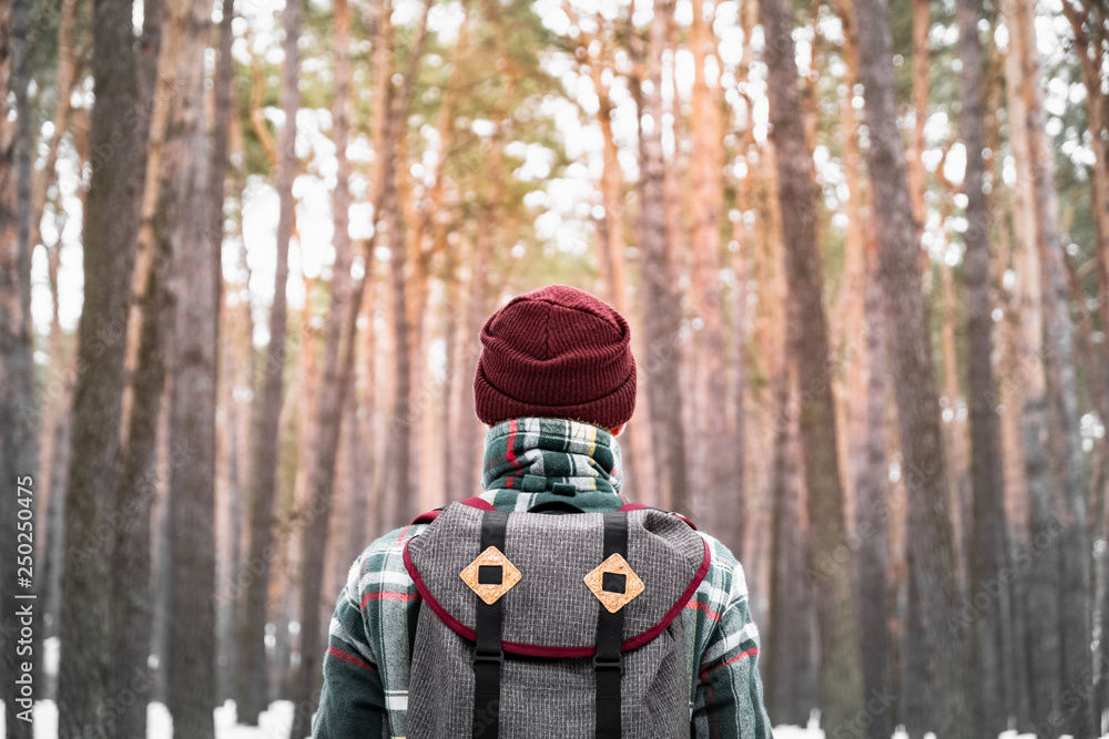 Hiking male person in winter forest. Man in checkered winter shirt walking in beautiful snowy woods