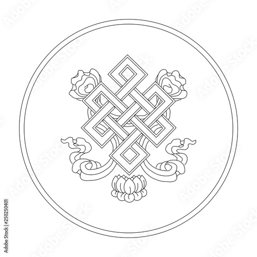 Infinite knot. eight auspicious symbols of buddhism. Valuable. Black and White Drawing