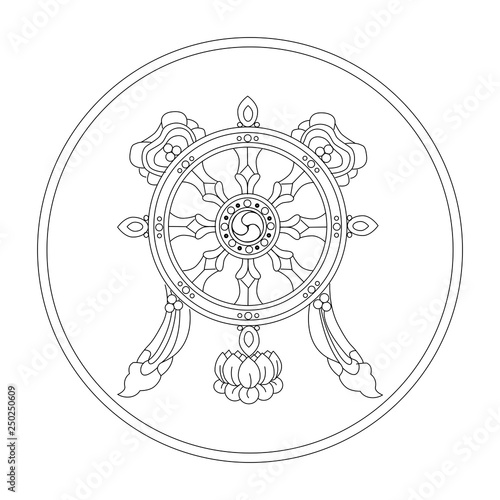 Dharmachakra.. eight auspicious symbols of buddhism. Valuable. Black and White Drawing